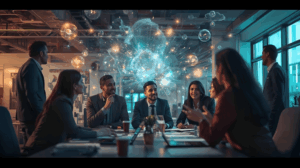 Corporate team collaborating and sharing ideas in an open office environment
