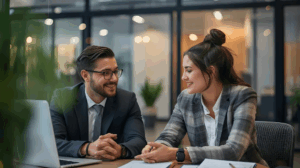 Manager and employee having a one-on-one feedback conversation with focus and engagement