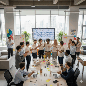 Happy employees collaborating and celebrating achievements, symbolizing positive workplace culture.