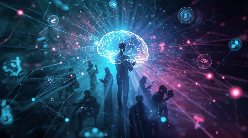 Professionals collaborating in an office with AI-powered tools, representing workforce upskilling in the age of artificial intelligence.